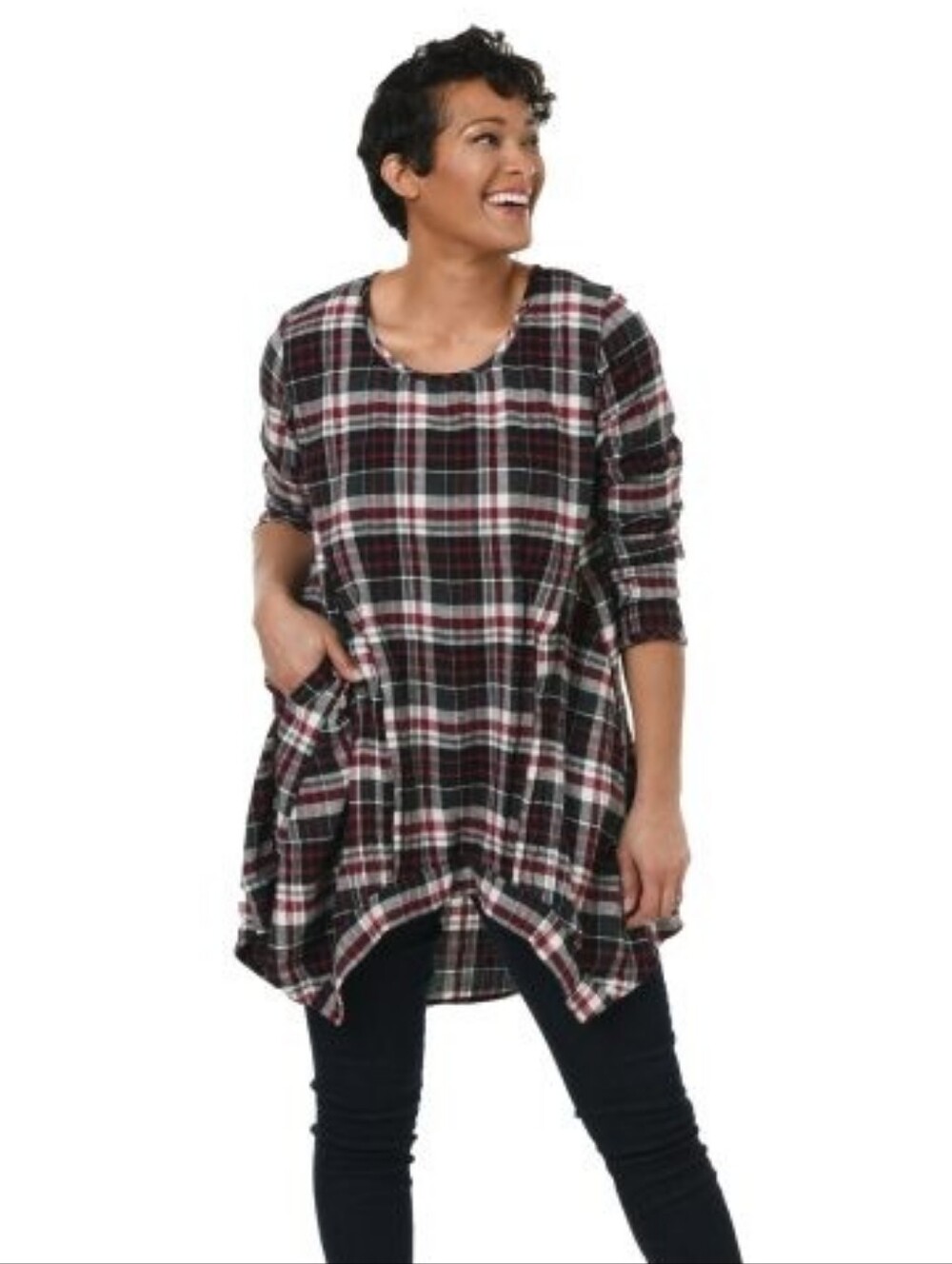 Tulip Button Down Plaid Tunic Top Sz L High Low Pocket Oversized Lagenlook Artsy